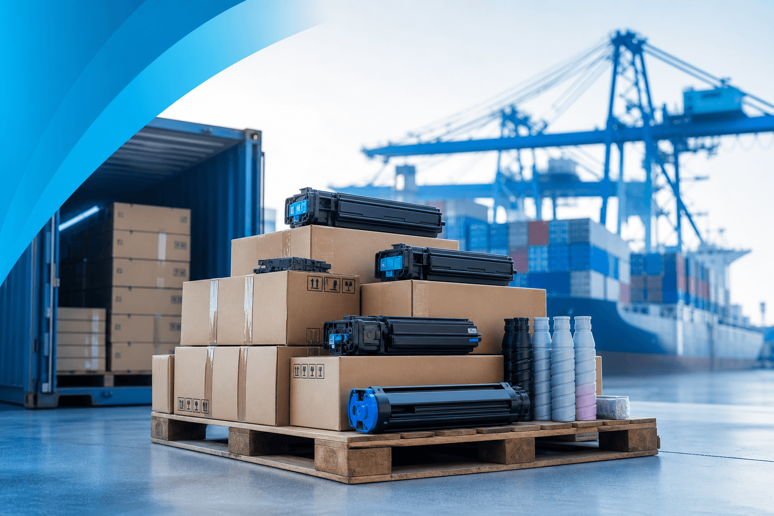 Kyocera toner cartridges and copier consumables prepared for wholesale export to Europe