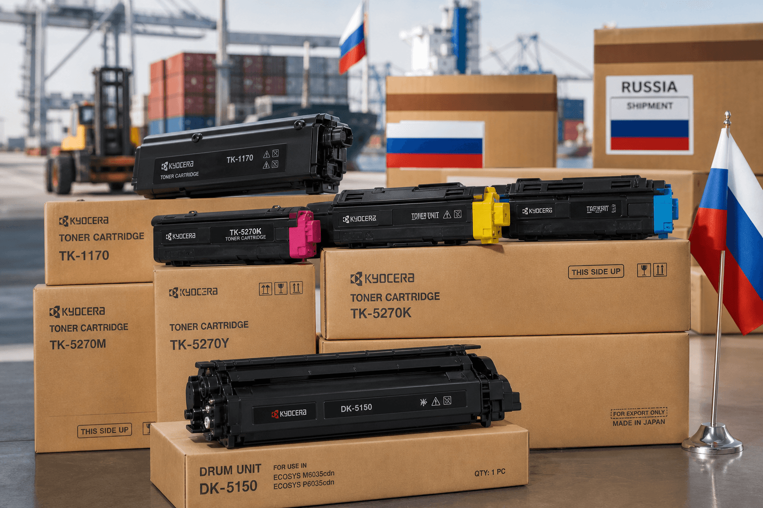 Kyocera toner cartridges and drum units on export cartons staged for shipment to Russia - wholesale supply from Mumbai