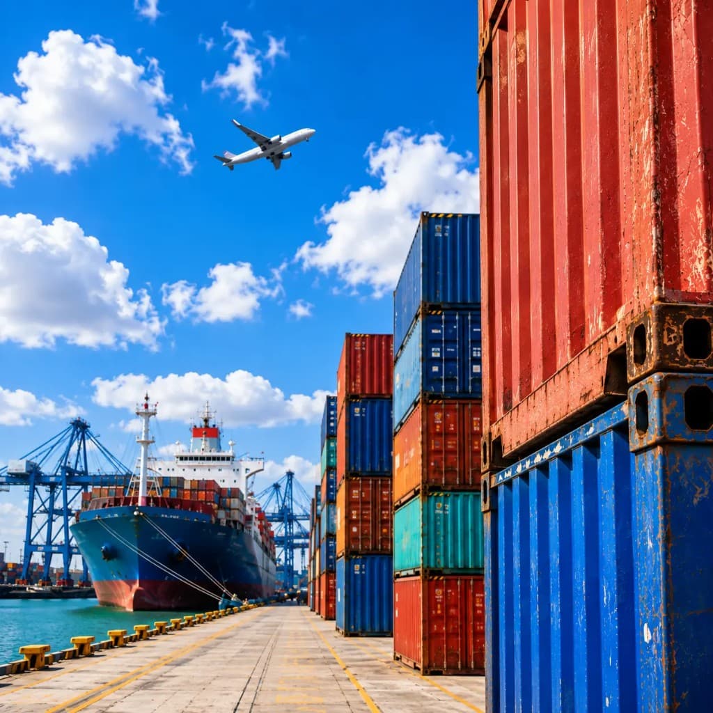 Busy international shipping port with a container ship docked, stacked cargo containers, and an aircraft overhead - global export logistics from Mumbai
